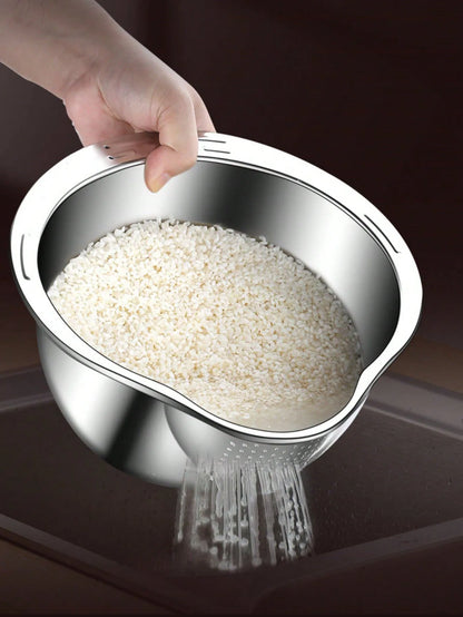Stainless Steel Rice Washer Strainer Bowl – Multi-Purpose Rice, Fruit & Vegetable Sieve for Kitchen Use
