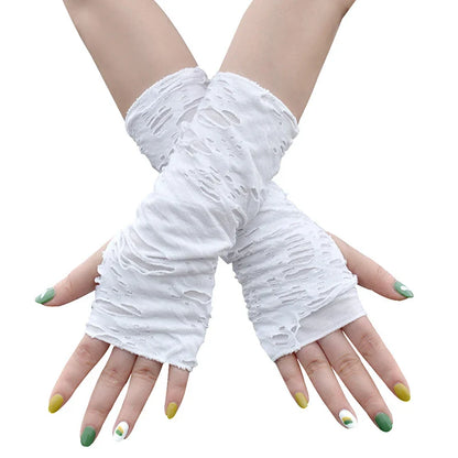 Sexy Gothic Fingerless Gloves – Ripped Broken Slit Halloween Cosplay Gloves with Holes Design for Adults Costume Wear