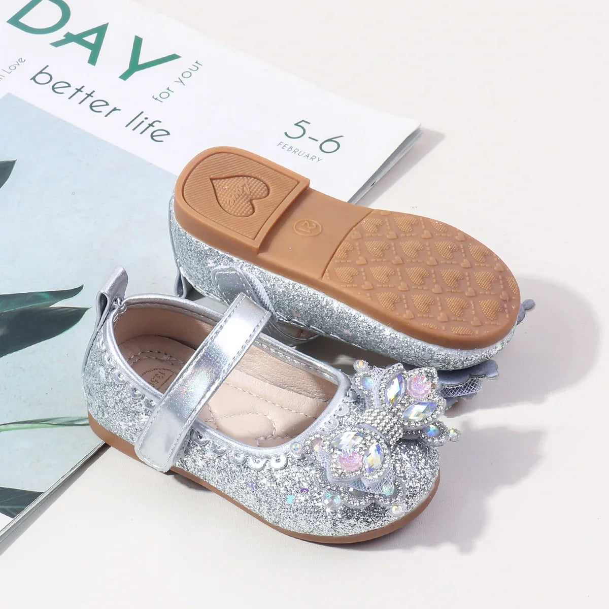 Baby Girls Crystal Princess Shoes - Soft TPR Sole Leather Flats for 0-3Y
