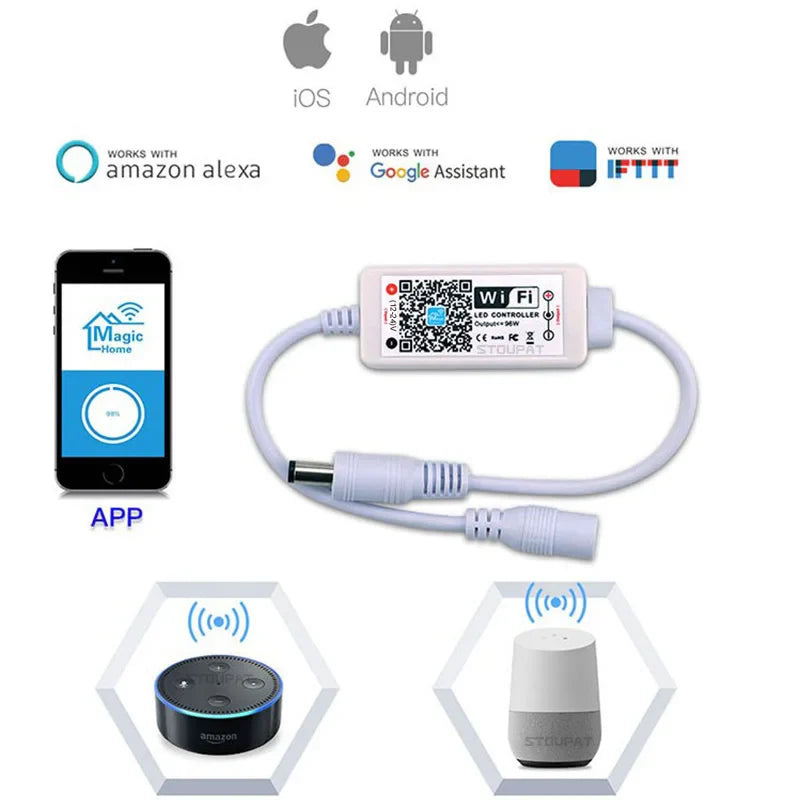 Magic Home WiFi LED Strip Light Controller Smart APP & Voice Control Dimmer for Single Color LED Tape Lights Compatible with Alexa & Google Home