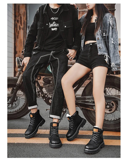 High Top Leather Boots for Men & Women – Fashion Lace-Up Outdoor Sneakers, Non-Slip Casual Ankle Shoes for Couples