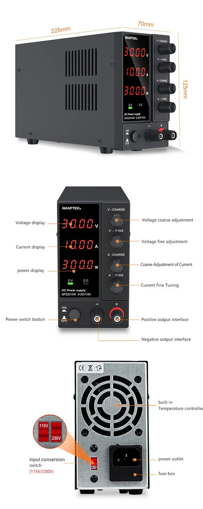 Wanptek DC Power Supply – Adjustable 30V 10A / 60V 5A Lab Bench Voltage Regulator, Variable 120V 3A Power Supply