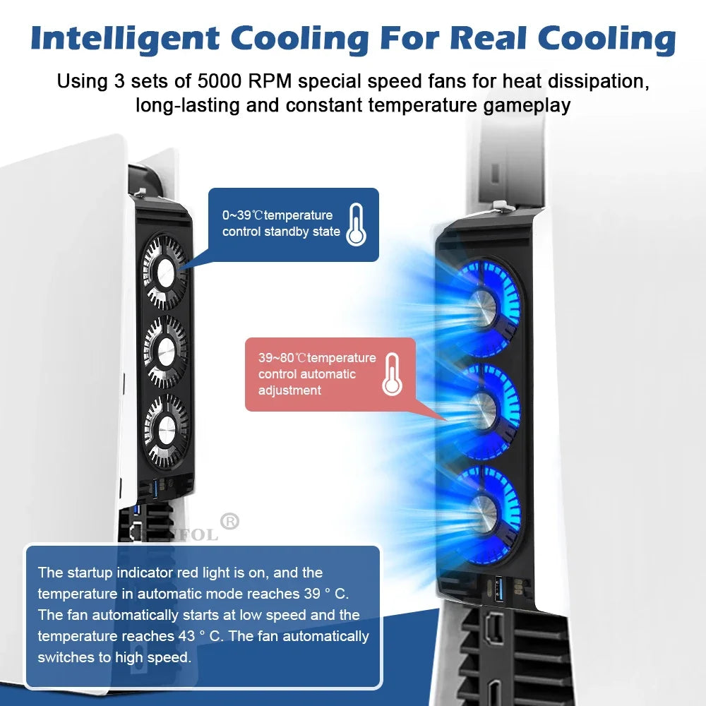 Upgraded PS5 Cooling Fan – Quiet USB 3.0 Hub with LED Light for Disc & Digital Edition Console Accessories