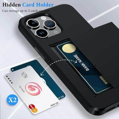 iPhone Case for 16 Pro Max, 15 Plus, 14 Pro Max, 13, 12, 11 – Slim Hard PC Wallet Card Holder with Slide Slot, Heavy Duty Protective Cover