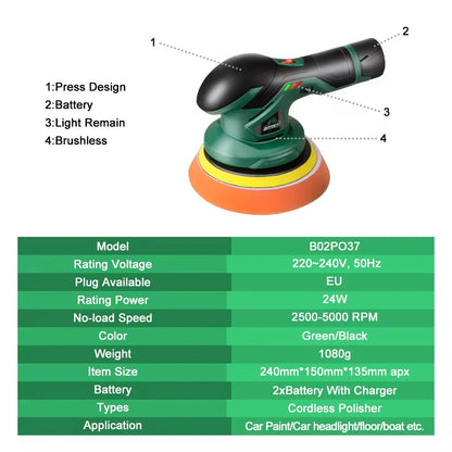 BATOCA 12V Cordless Dual Action Car Polisher — Wireless Electric Polishing Machine with Adjustable Power Tools