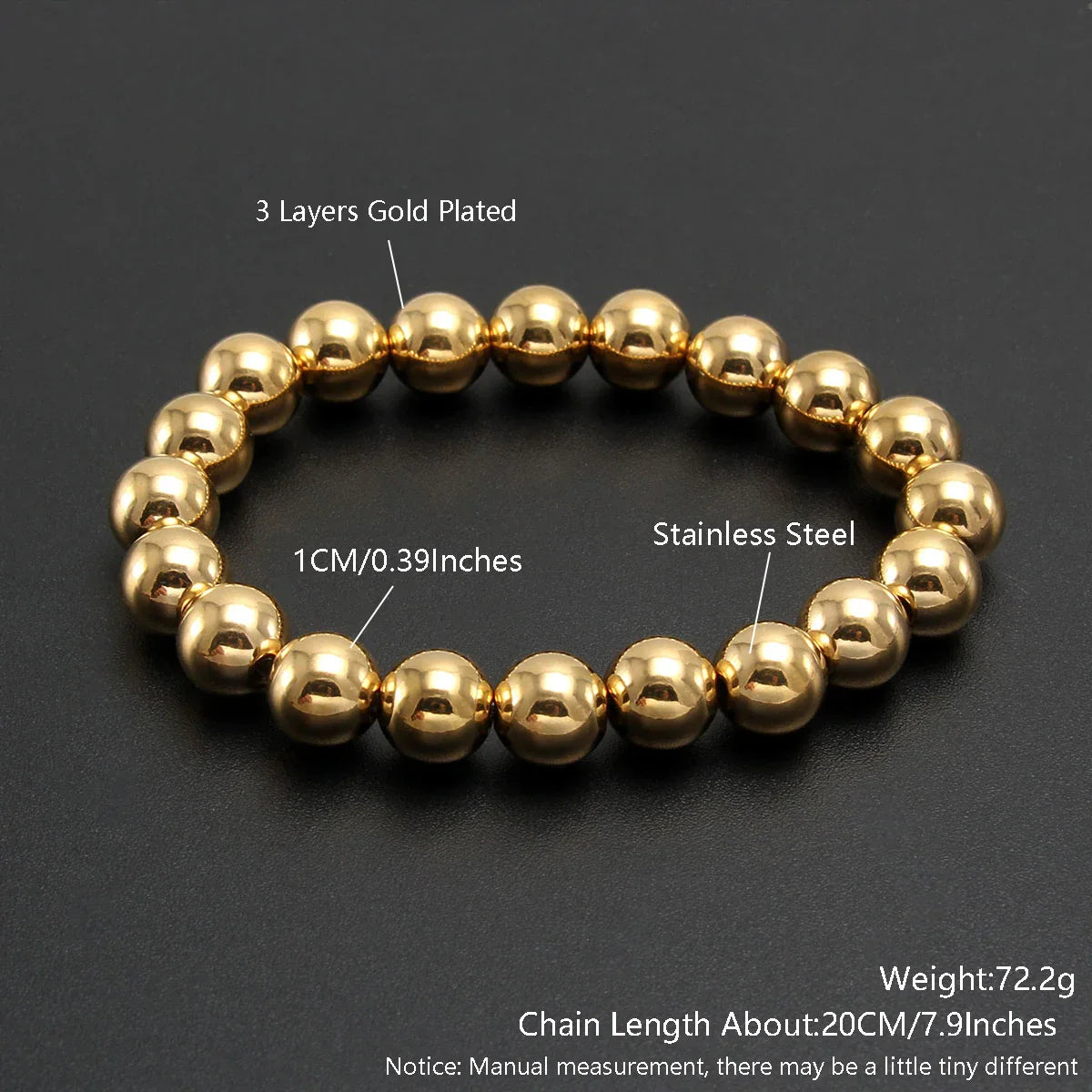 MHS.SUN Trendy Stainless Steel Stretch Bracelet — Gold & Silver Beaded 2mm/5mm/8mm for Men & Women