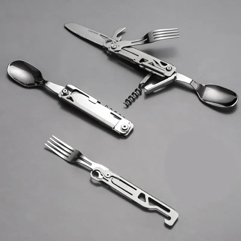 Multi-Function Outdoor Tableware: Portable Foldable Cutlery Set with Knife, Fork, Spoon, and Bottle Opener - Camping Equipment Essential