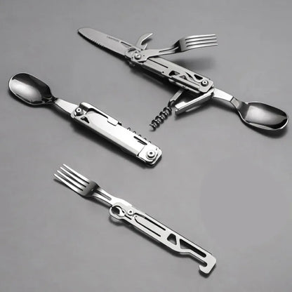 Multi-Function Outdoor Tableware: Portable Foldable Cutlery Set with Knife, Fork, Spoon, and Bottle Opener - Camping Equipment Essential