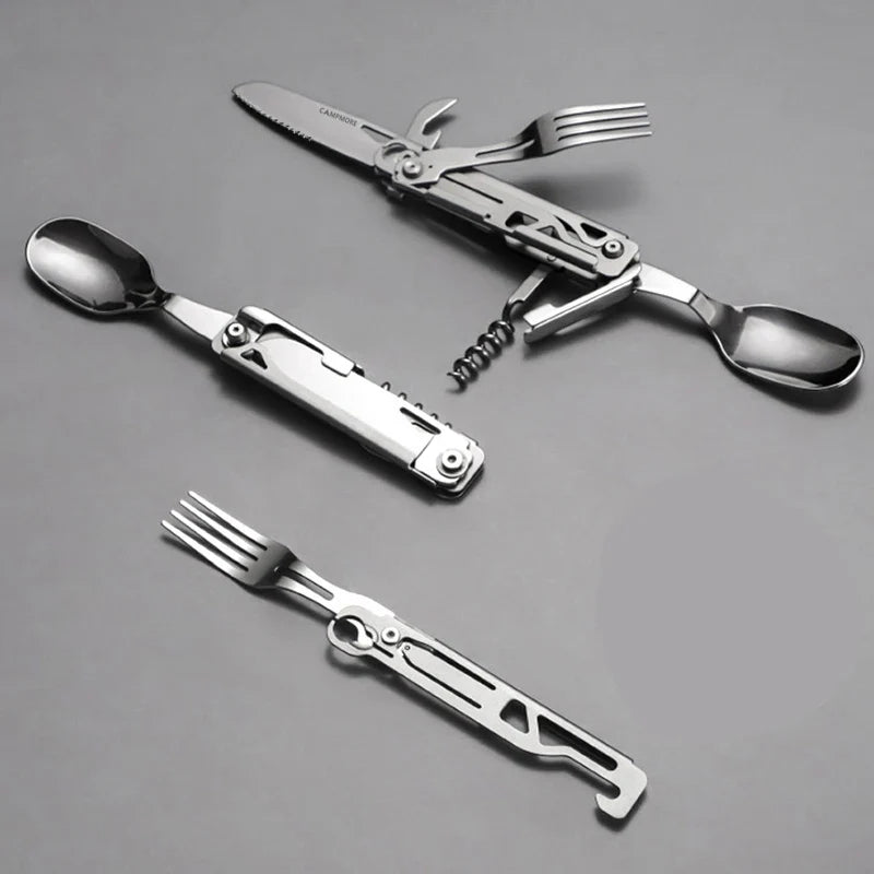 Outdoor Multi-Function Portable Tableware - Foldable Cutlery Set with Knife, Fork, Spoon, and Bottle Opener for Camping