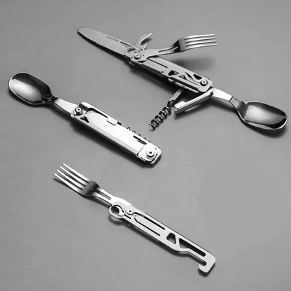 Outdoor Multi-Function Portable Tableware - Foldable Cutlery Set with Knife, Fork, Spoon, and Bottle Opener for Camping