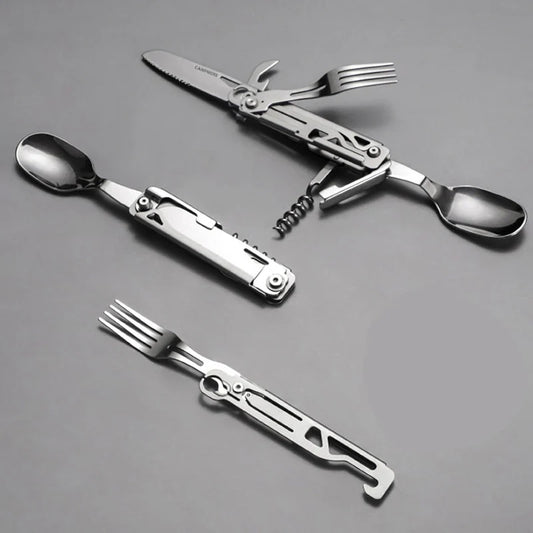 Outdoor Multi-Function Portable Tableware - Foldable Cutlery Set with Knife, Fork, Spoon, and Bottle Opener for Camping