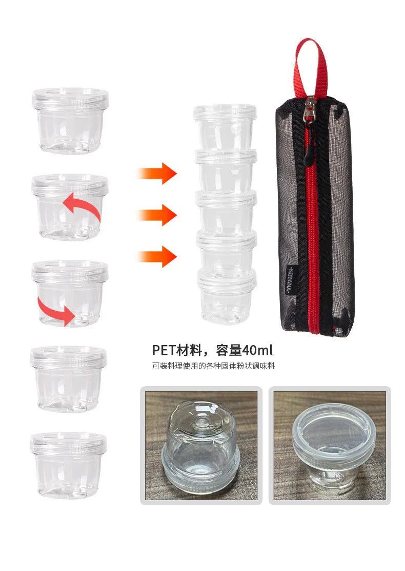 Portable Travel Camping Spice Kit | Bag with 5 Clear Seasoning Bottles & Condiment Container Set