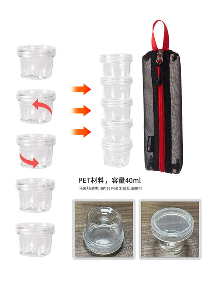 Portable Travel Camping Spice Kit | Bag with 5 Clear Seasoning Bottles & Condiment Container Set