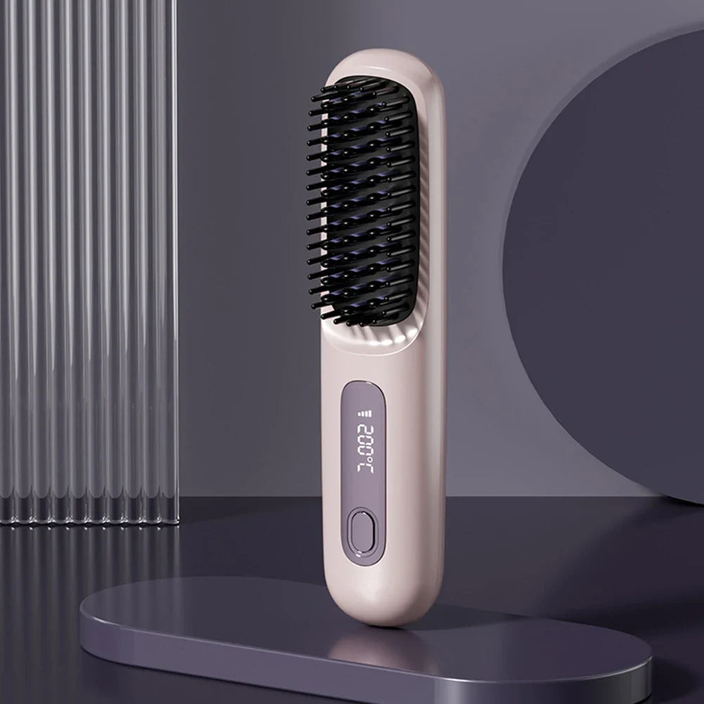 Electric LCD USB Ceramic Hair Straightening Comb – Wireless Portable Negative Ion Rechargeable Styling Brush