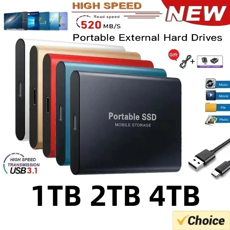 Portable SSD 1TB–4TB High-Speed External Drive – USB 3.1 Type-C Solid State Hard Disk for Laptop, PC & Mac