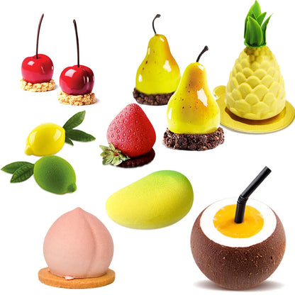 3D Fruit Silicone Mold for Pastry Desserts - Apple, Pear, Peach, Lemon, Cherry, Strawberry Baking Cake Mold