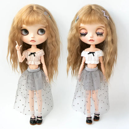 Blythe Doll Clothes Plaid Pleated Skirt & Off-Shoulder Top Tulle Dress Set — Ruffle Skirt for Licca, Azone, OB22, YMY Doll Accessories