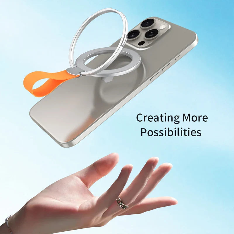 MagSafe Magnetic Ring Phone Holder – Silicone Cord Rotating Kickstand for iPhone 15, 14, 13, 12 Series, Alloy Buckle Stand