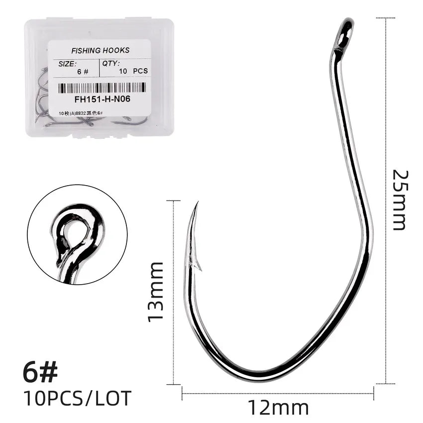 10pcs Catfish Fishing Hooks – High Carbon Steel Barbed Circle Hooks 6/0–10 V-Sharp Tackle