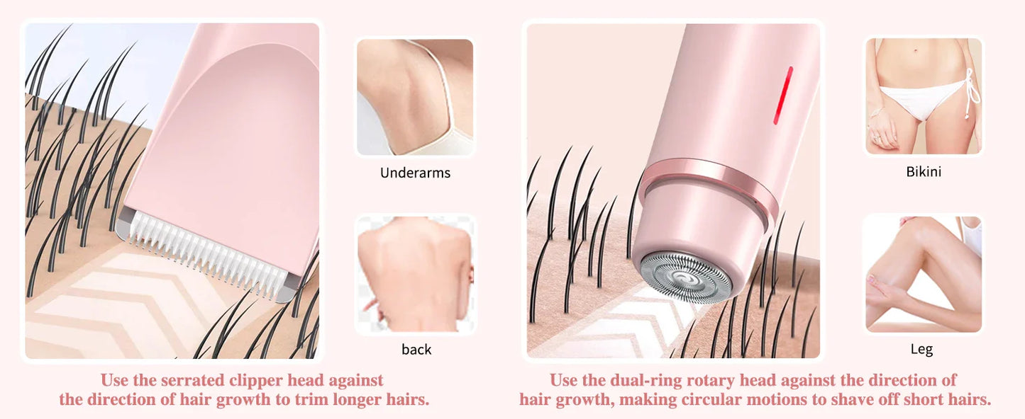 2-in-1 Dual-Head Electric Razor for Women – Painless Bikini Trimmer Wet & Dry Use with Detachable Heads
