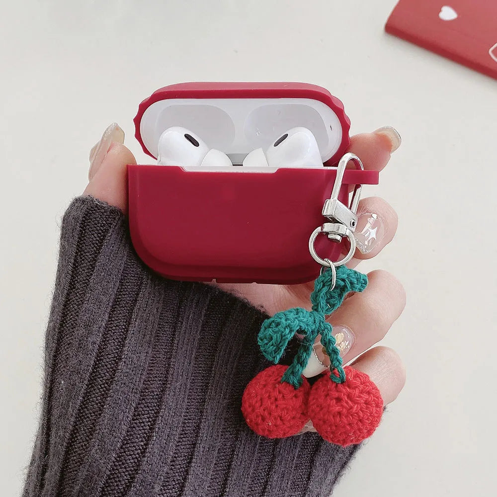 Knitted Red Cherry Pendant Soft Silicone Earphone Case for AirPods Pro 2 & AirPods 1/2/3/4 — Protective Cover with Keychain