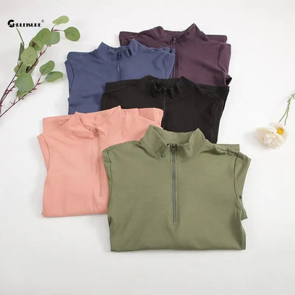 Elevate Your Yoga: CHRLEISURE Long Sleeve Half-Zip Yoga Shirt - Thumbholes, Elastic & Breathable Fitness Blouse for Women Activewear