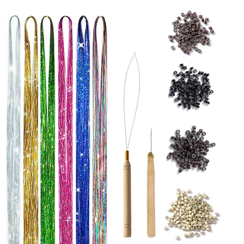 48-Inch Hair Tinsel Kit – 1200 Strands, 12 Colors Sparkling Fairy Hair Extensions with Tool