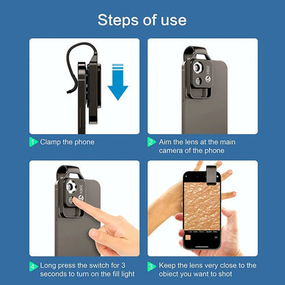 200X Cell Phone Microscope Accessory – Portable Mini Digital Microscope with CPL Lens, LED Light, Universal Clip