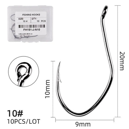 10pcs Catfish Fishing Hooks – High Carbon Steel Barbed Circle Hooks 6/0–10 V-Sharp Tackle