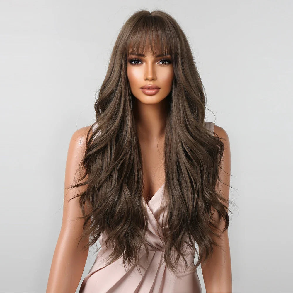 Brown Long Wavy Wig for Women with Bangs — Natural-Look Synthetic Hair, Heat-Resistant for Daily & Cosplay