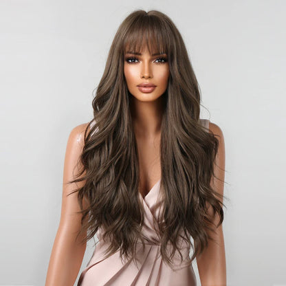 Brown Long Wavy Wig for Women with Bangs — Natural-Look Synthetic Hair, Heat-Resistant for Daily & Cosplay