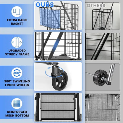 Extra Large Collapsible Grocery Cart on Wheels — Heavy Duty Shopping Cart with Baskets & Waterproof Liner