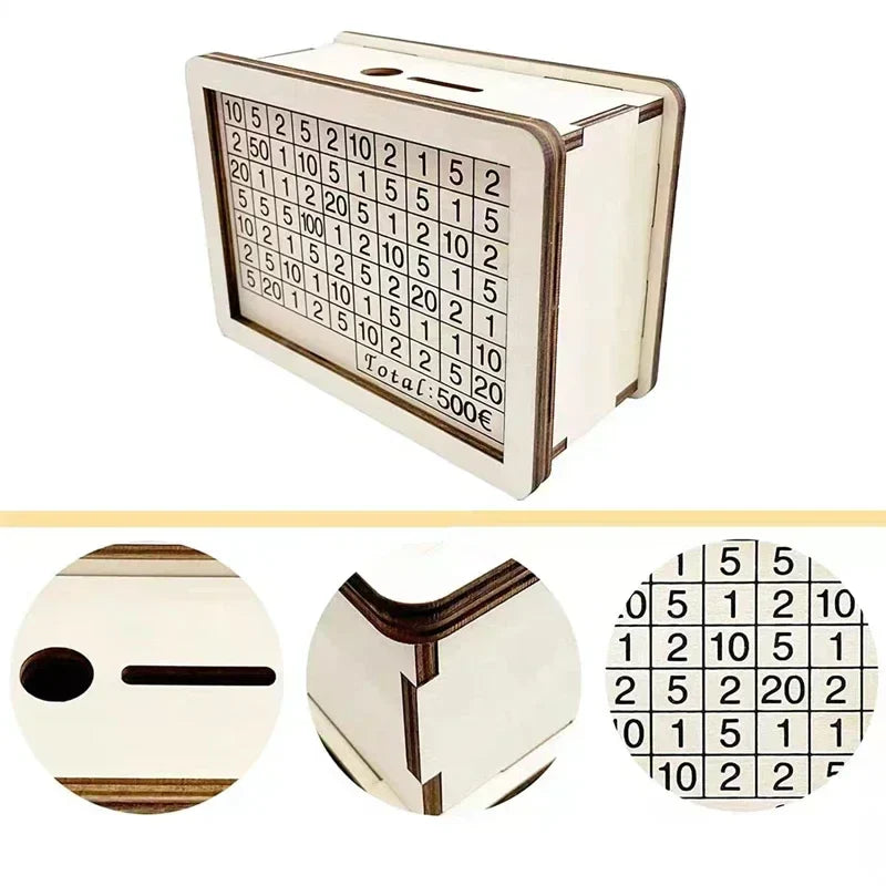 Wooden Money Box Piggy Bank – Reusable Savings Bank with Goal Tracker & Numbers – Helps Build Saving Habit