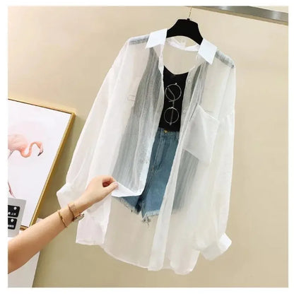 Summer Sunscreen Shirt – Elegant Thin Chiffon Korean Harajuku See-Through Loose Blouse & Casual Women’s Cardigan