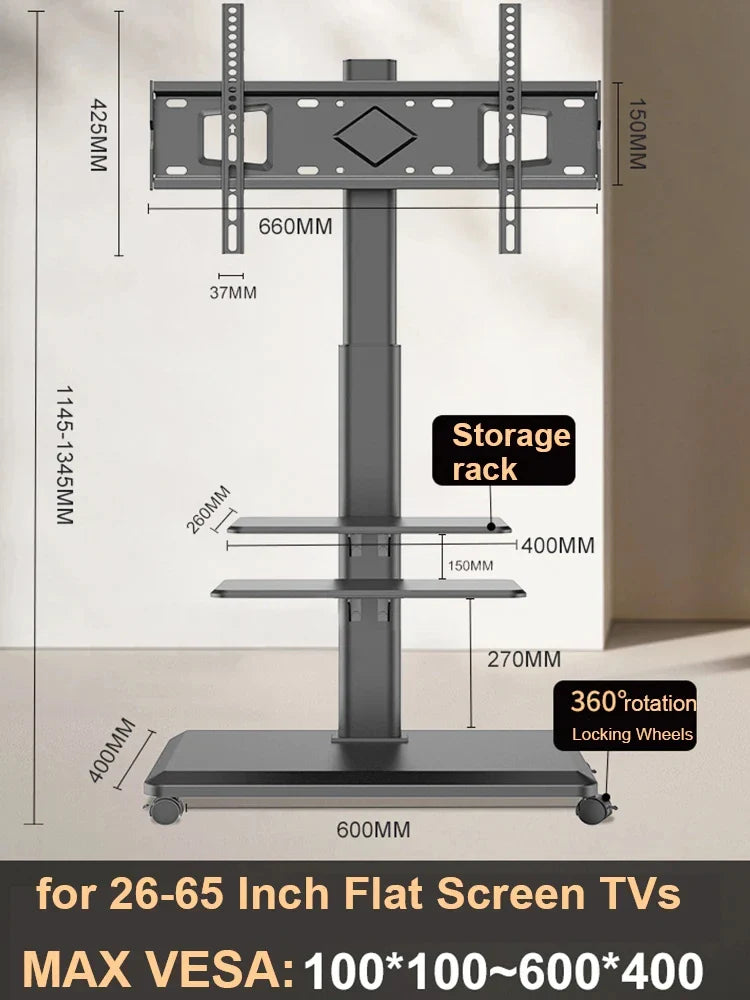 Rolling TV Stand on Wheels – Height Adjustable Mobile Cart for 32–65in Flat Screen TVs, VESA 600x400mm