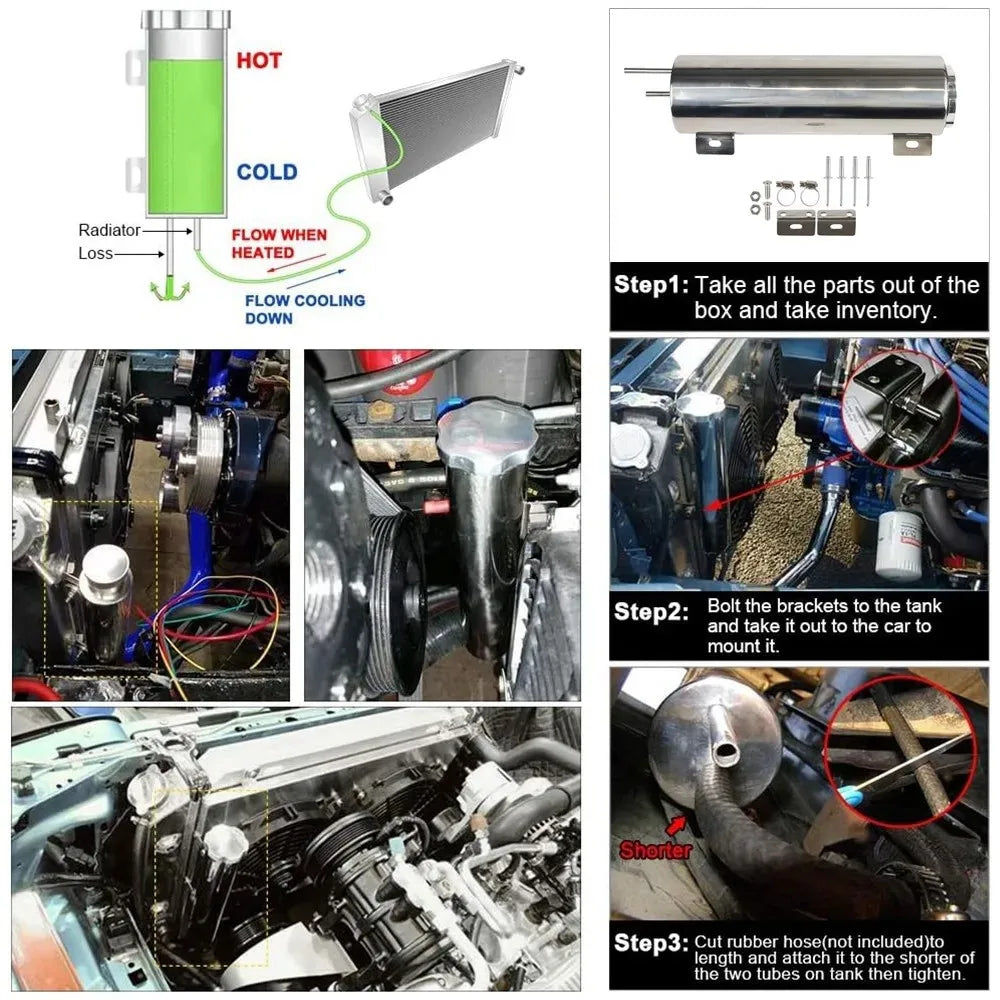 Universal Stainless Steel Coolant Overflow Tank - Polished Radiator Expansion Reservoir for Cars