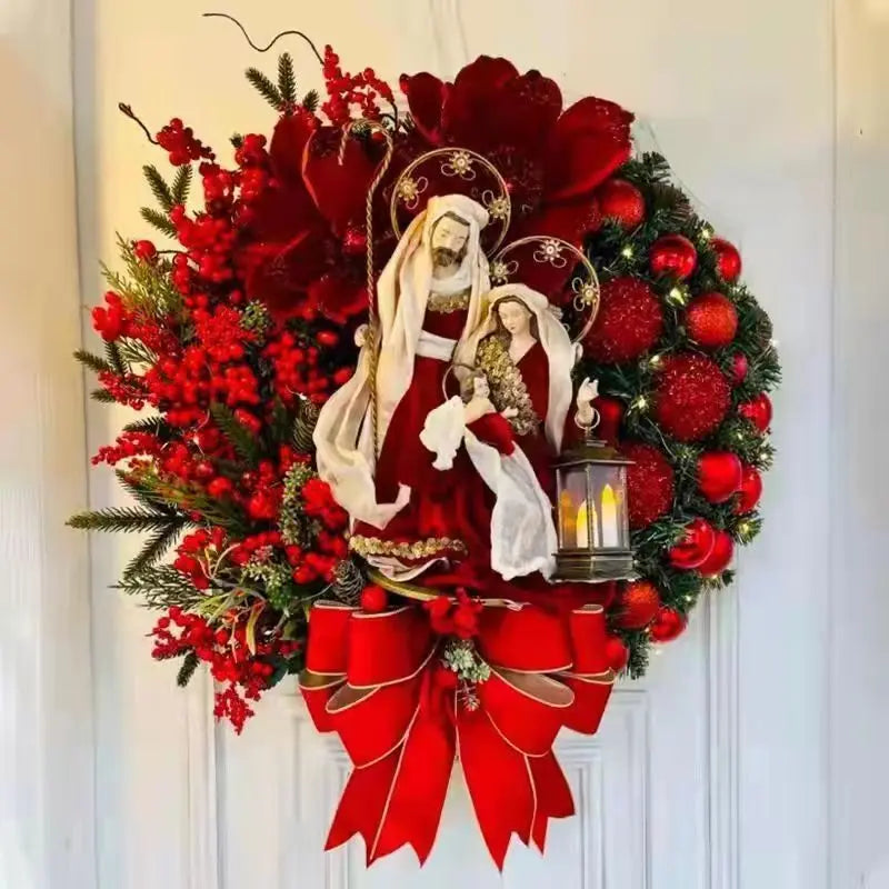 40cm Christmas Wreath with Lantern – Front Door Garland with Large Bow, Seasonal Holiday Ornament for Wall & Door Decor