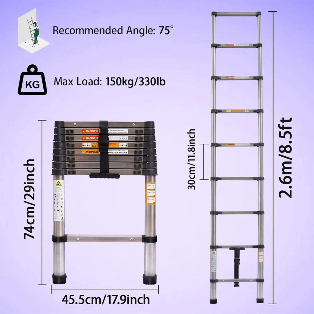 Telescopic Extension Ladder 2.6M-5M – Heavy Duty Folding Loft & Straight Ladder, Stainless Steel, Portable & Multi-Purpose Tool