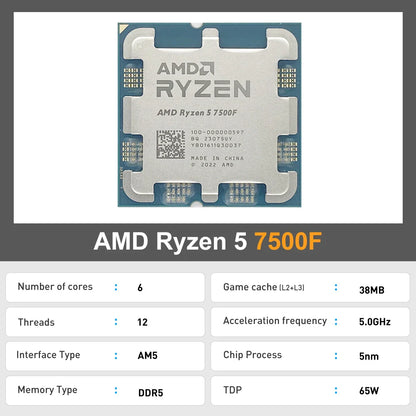 AMD Ryzen 5 7500F CPU - 6-Core, 12-Thread, 3.7GHz, 32MB L3 Cache, 5NM, Socket AM5 (Tray, No Cooler)