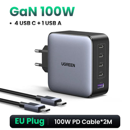 UGREEN 100W GaN 5-Port USB-C Charger – Fast Charger QC4.0/3.0 PPS for MacBook, Laptop, iPhone 16/15/14 Pro, Tablet
