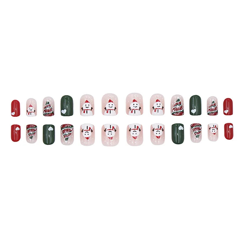 Medium Long Christmas Fake Nails – Square & Almond Tips with Tree, Snowflake & Snowman Designs