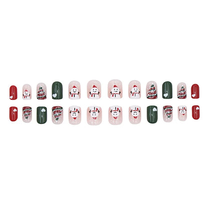 Medium Long Christmas Fake Nails – Square & Almond Tips with Tree, Snowflake & Snowman Designs