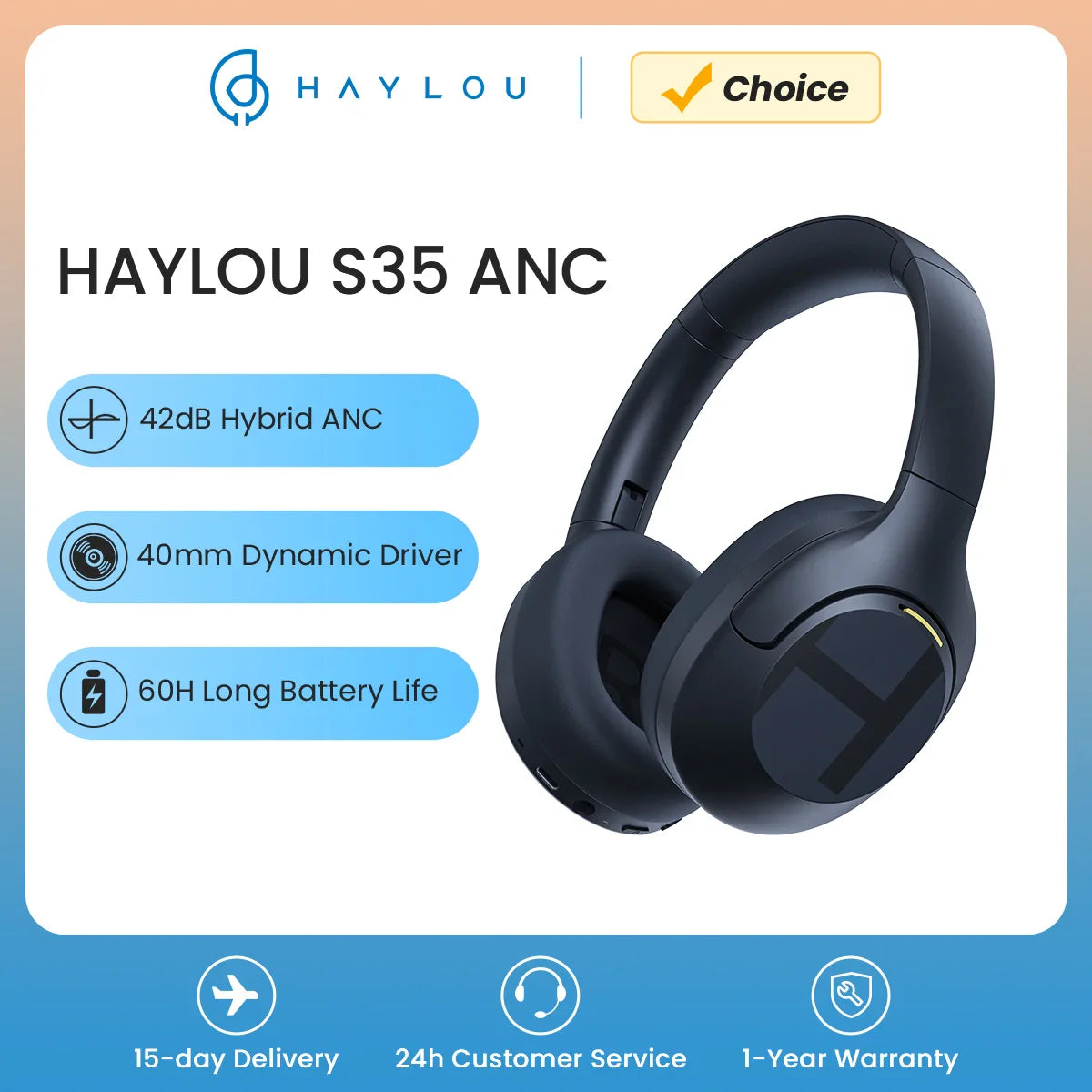 HAYLOU S35 ANC Wireless Headphones - Over-Ear Bluetooth 5.2, 42dB Active Noise Cancelling, 60-Hour Battery, 40mm Dynamic Driver