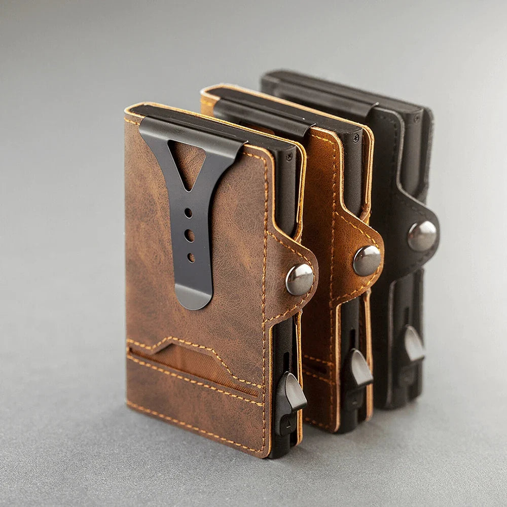 CASEKEY PU Leather Men’s Pop-Up Card Holder Wallet – Slim Minimalist Anti-RFID Smart Wallet with Money Clip & ID Window