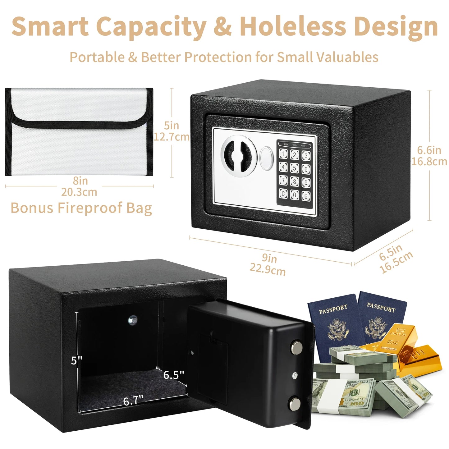 Deli 0.2 Cubic Feet Electronic Digital Safe — Steel Money Box with Fireproof Bag for Home Cash and Valuables