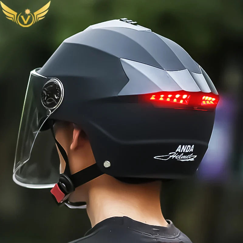 Motorcycle Helmet with LED Lights – Double Visor Moped Helmet for Men & Women, Electric Scooter & Bicycle Light, Rechargeable