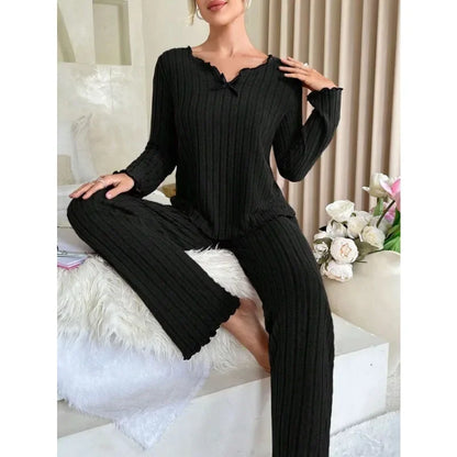 Women’s Autumn & Winter Ribbed Pajama Set – Long-Sleeve Top and Pants, 2-Piece Casual Homewear Loungewear