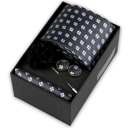Men’s 4-Piece Tie Set Gift Box - Elegant Necktie with Handkerchief, Cufflinks & Brooch for Business, Wedding & Suit Accessories