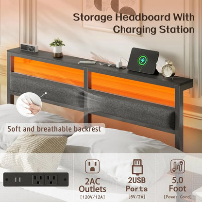 LED Bed Frame with Charging Station – Black Metal Platform Bed Frame with Headboard, Custom Design Modern Storage & Lighting Bed