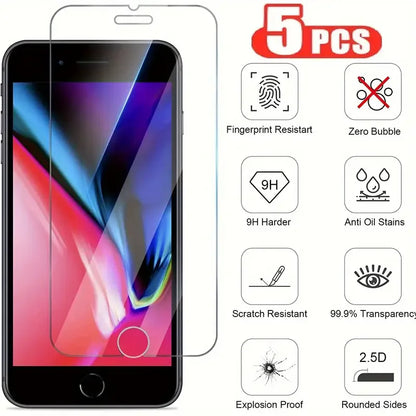5pcs Premium Tempered Glass Screen Protector – Compatible with iPhone 7, 8, 6, 6s Plus & SE 2020/2022
